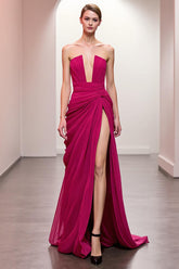 Rosa Gerafftes Trägerloses Abendkleid mit Schlitz